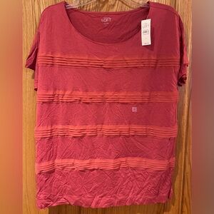 Ann Taylor LOFT Scoop Neck Short Sleeve Pintuck Stripe Top Rust Orange‎ Sz Large